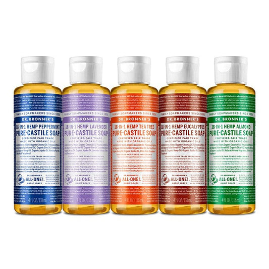 Different colored bottles of Dr. Bronner's Castile Soaps