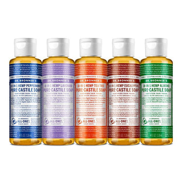 Different colored bottles of Dr. Bronner's Castile Soaps